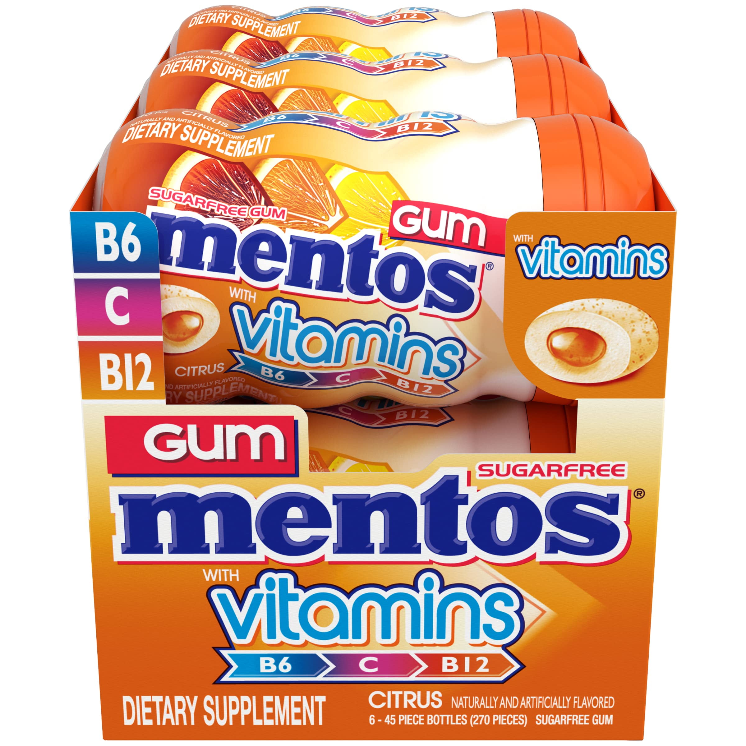 Mentos Gum with Vitamins, Sugar Free Chewing Gum with Xylitol, Citrus Flavor, Vitamins B6, B12 and C, Bottle of 45 (Bulk Pack of 6)