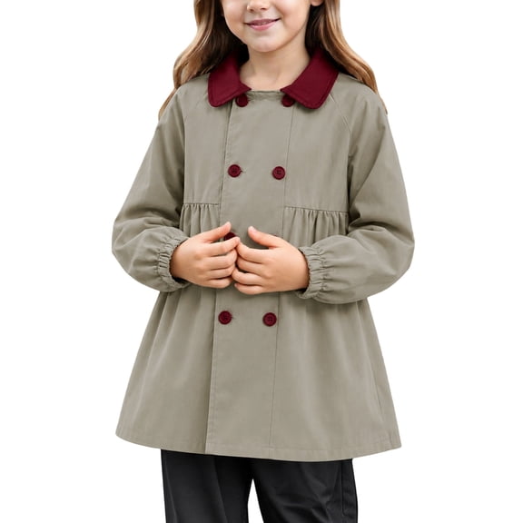 CAIVO Toddler Girls Contrast Collar Wind Coats Double Elastic Pleated Waist Long Sleeve Outerwear Cute Kids Mid Length Trench Jacket For Holiday School Holiday Dailywear