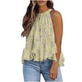 thumbnail image 3 of JTZGDY Women's Summer Halter Neck Tank Tops Cute Floral Printed Sleeveless Shirt Loose Pleated Flowy Tanks Casual Beach Vacation Camisole Yellow#01 XXL, 3 of 7