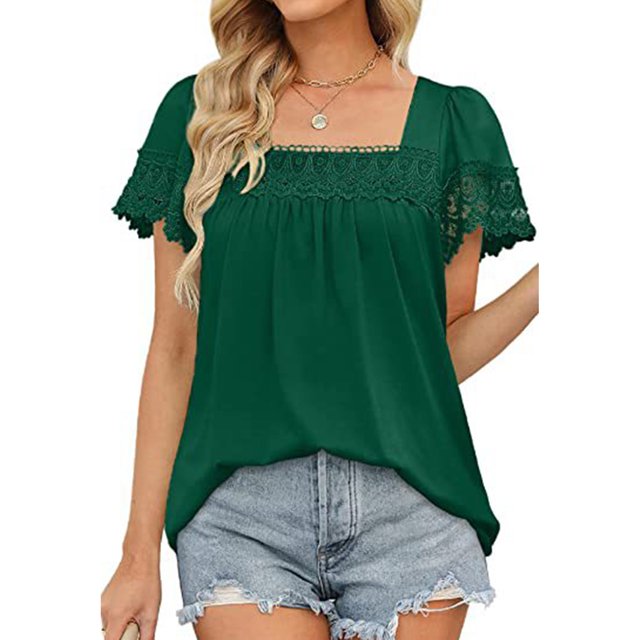 Blusa informal holgada de manga corta con ribete de encaje verde oscuro para mujer XXL