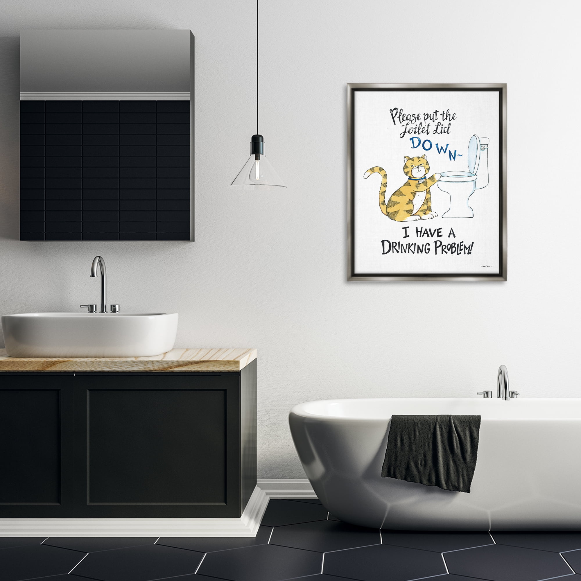 Stupell Industries Funny Cat & Toilet Animals Painting Gray Floater Framed Canvas Art Print Wall Art, 25 x 31
