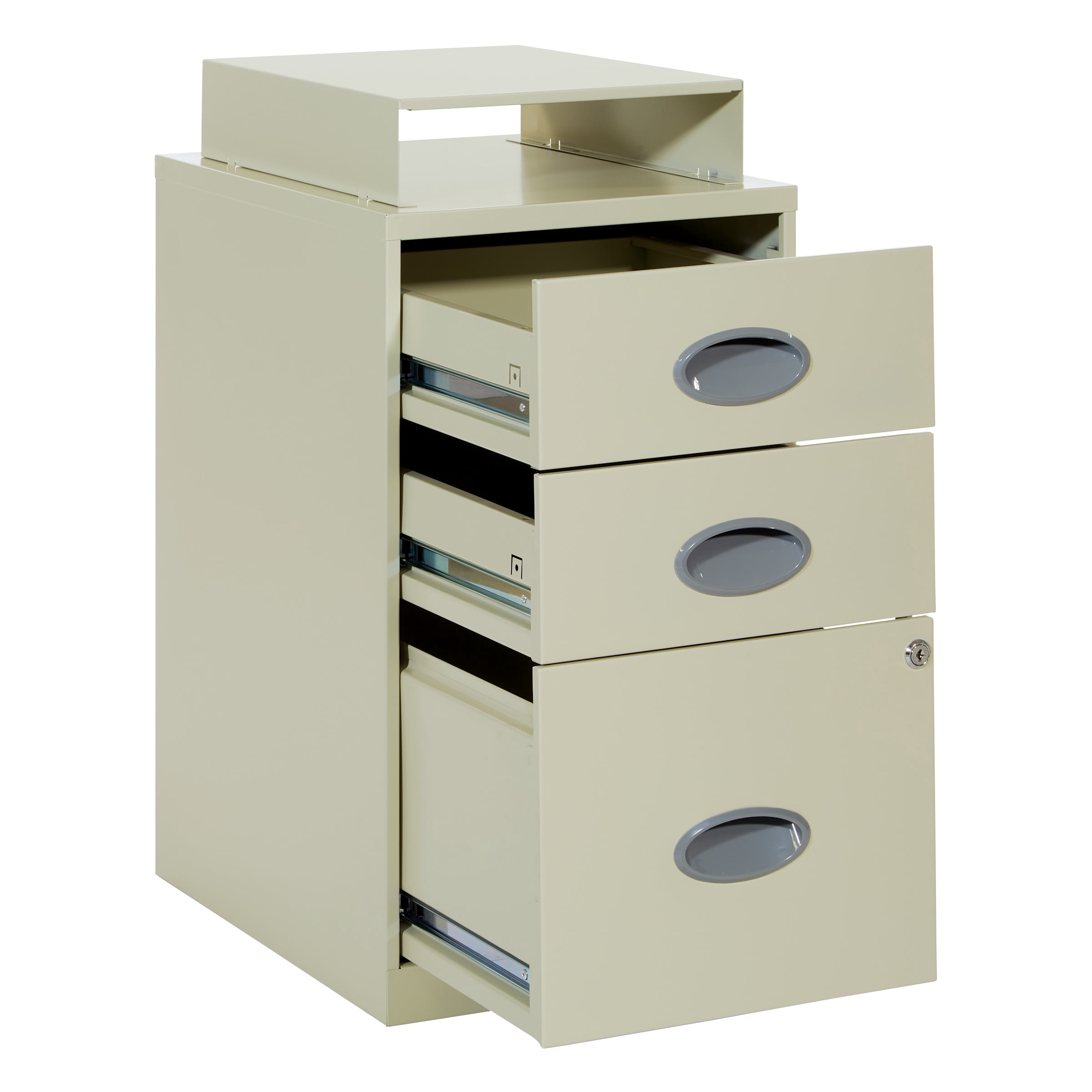 3 Drawer Locking Metal File Cabinet w/ Top Shelf in Tan