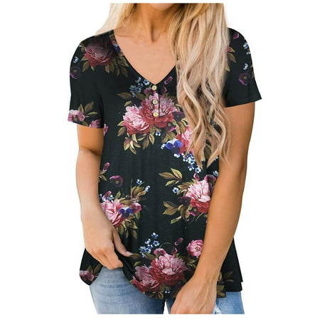 

Women s Casual Short Sleeve V-Neck Printing Button Blouse Tops T-Shirt Loose Women S Tops Tees & Blouses Pink XL