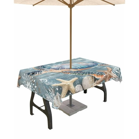 

Lsrtoss Outdoor Tablecloth with Umbrella Hole & Zipper Blue Turtle Coastal Rectangle Tablecloth 54x80 Inch Summer Beach Nautical Starfish Coral Patio Table Cover Waterproof Table Cloth for Picnic