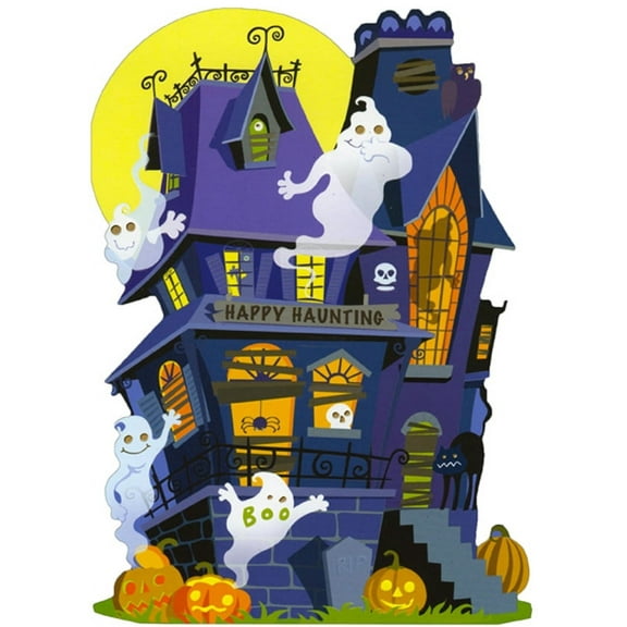 Designer Greetings Purple Haunted House, Ghosts and Yellow Moon Die Cut Juvenile Halloween Card for Kids : Kid : Children