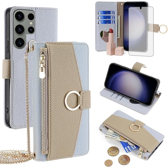 Phone Case for Samsung Galaxy S23 Ultra 5G Wallet Cover with Screen Protector and Mirror Flip Cover Ring Card Holder Crossbody Strap Cell S23Ultra 23S S 23 23Ultra 6.8 inch Women Girls Blue