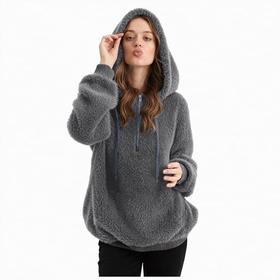 Towmus Winter Warm Fuzzy Teddy Bear Hoodie Women Plush Hooded Sweatshirts Half Zip Pullover Sweatshirt Oversized Winter Coats with Pockets