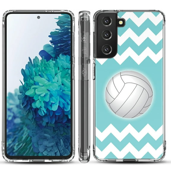 Shockproof Hybrid Bumper Phone Case for Samsung galaxy S21  5G / S21 Plus 5G, by OneToughShield ® - Chevron/Teal/Volleyball