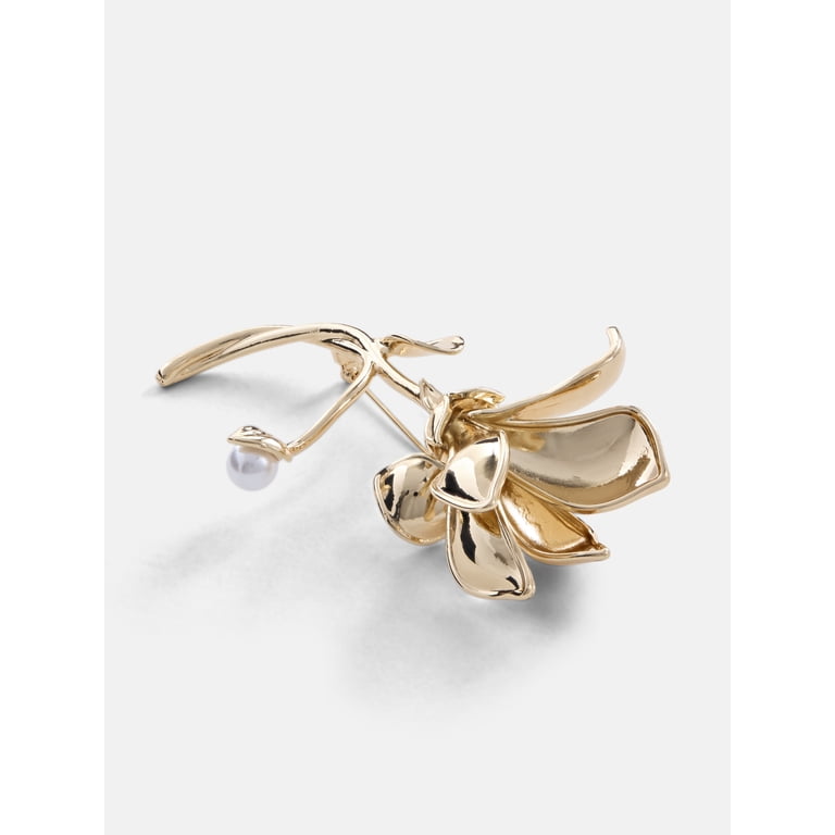 Scoop Gold Tone Floral Brooch With Faux Pearl photo 4