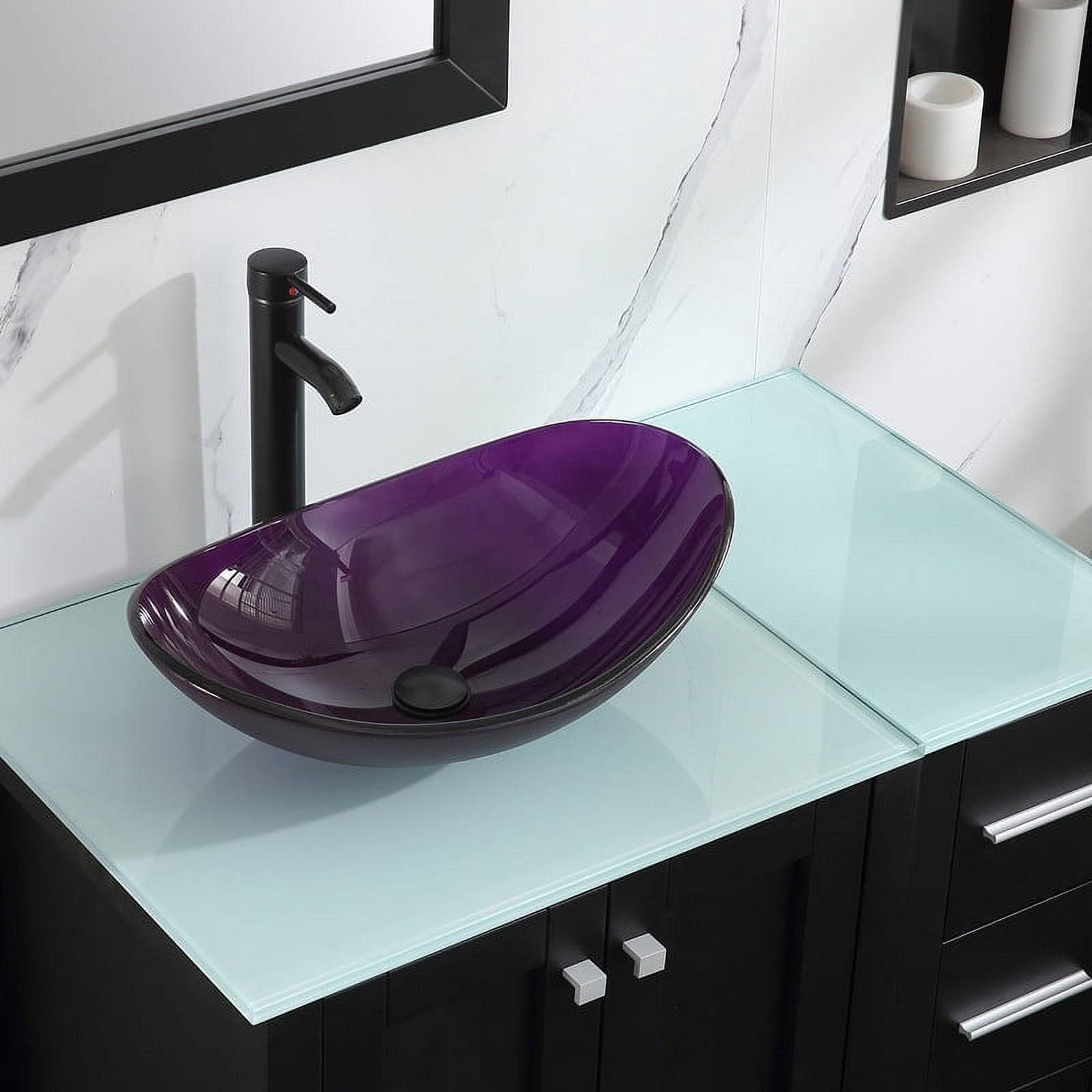 Walsport 36" Luxurious Bathroom Vanity with Purple Tempered Glass Vessel Sink Bowl and Countertop and Mirror and Faucet,Stand Floor Cabinet Bathroom Storage Vanity with Pop Up Drain,Black