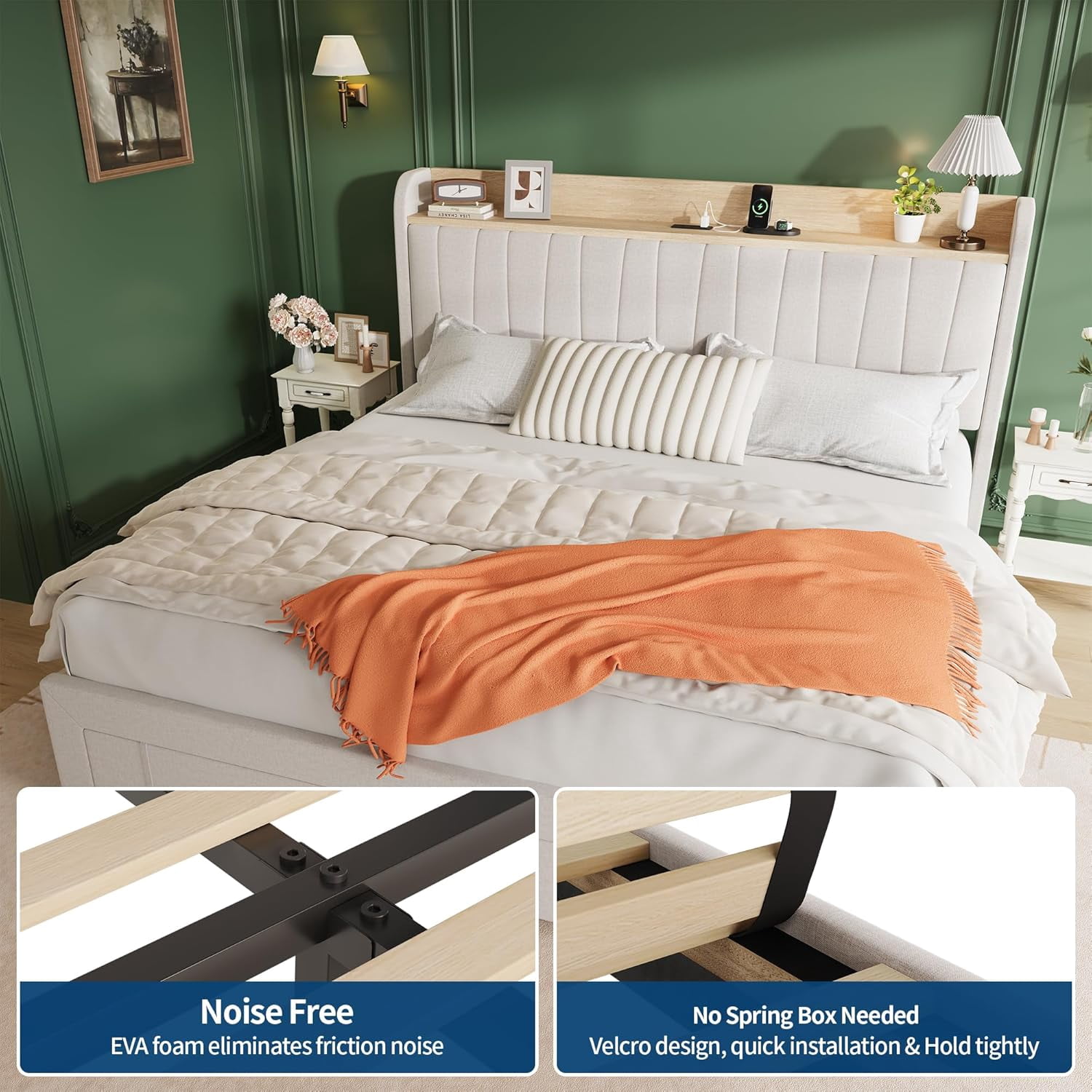 King Size Bed Frame with Storage Headboard, Upholstered Platform Beds with Drawers, Charging Station, Noise-Free, No Box Spring Needed, Easy Assembly, Beige
