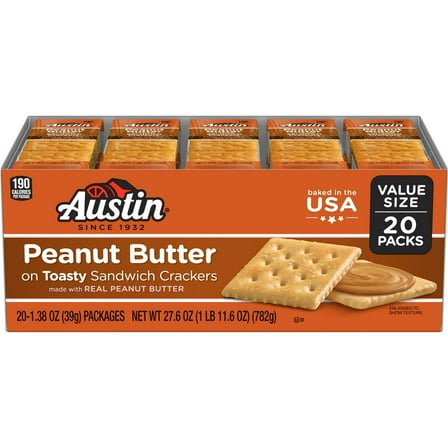 Austin Peanut Butter on Toasty Sandwich Crackers, Single Serve Snack Crackers, 20 Count pack of b1