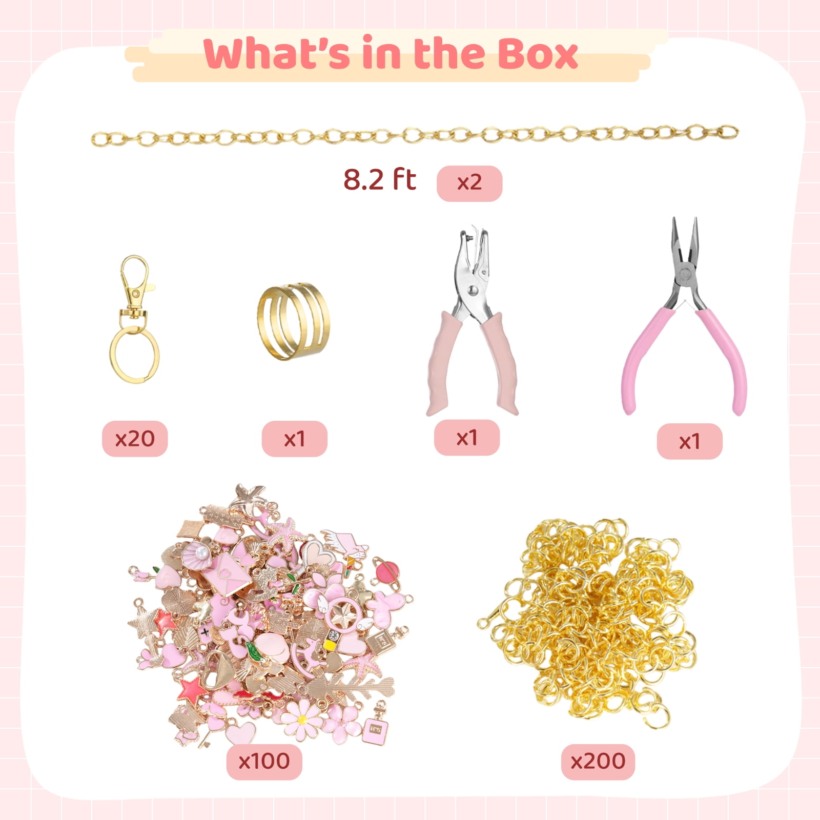 325 Pcs Pink Keychain Making Kit with Random Pendants, Pliers, Jump Rings, 8.2 ft Chains, Hole Punch, DIY Charms Lip Gloss Keychain Supplies for Jewelry Making, DIY Crafts