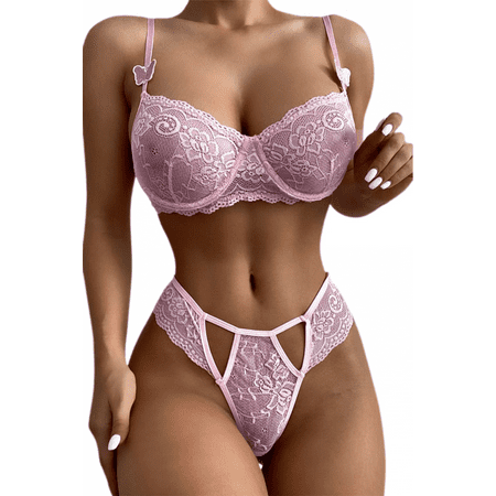 

BESTSPR Sexy Women s Underwear Pink Butterfly Hollow Lace Bra and Panty Set S-L