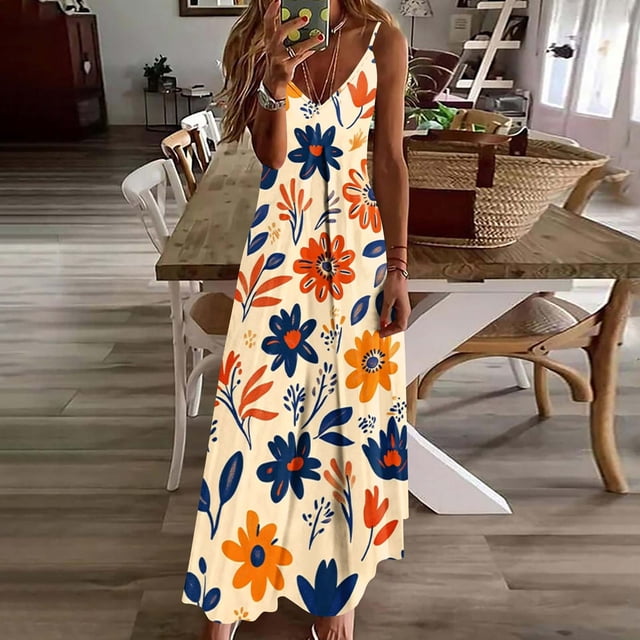 LVHAOGJOB Robe à Bretelles Spaghetti pour Femmes Maxi Robe d'Été Tendance Longue Sans Manches T-Shirts de Plage Robe Soleil Imprimé