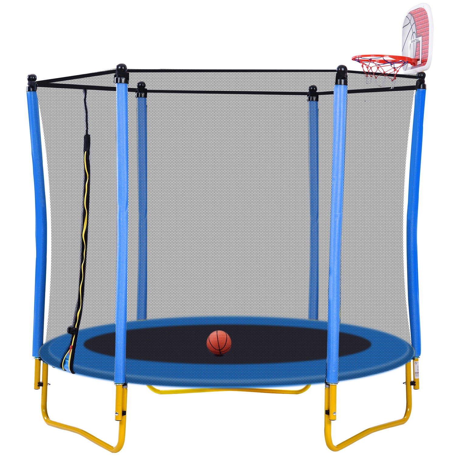 Kadyn 5.5FT Children Trampoline, Metal Mini Small Trampolines with Enclosure, Basketball Hoop and Ball Included, Indoor Outdoor Mini Trampoline for Kids, Blue Kadyn 5.5FT Children Trampoline, Metal Mini Small Trampolines with Enclosure, Basketball Hoop and Ball Included, Indoor Outdoor Mini Trampoline for Kids, Blue