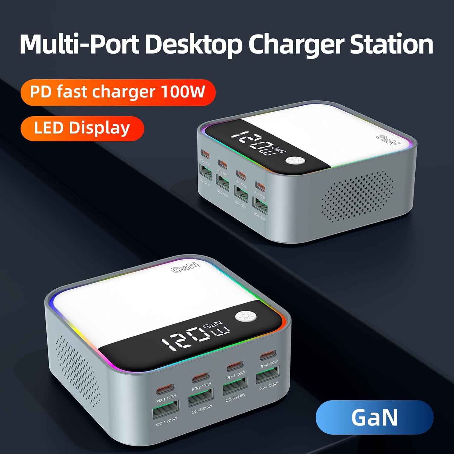 120W GaN USB C Charger Block, 8-Port USB Charging Station, Fast Charging Hub with Rainbow Gradient Light & LED Display, Desktop Charger Adapter for Phone, Tablet, Laptop, Headphones