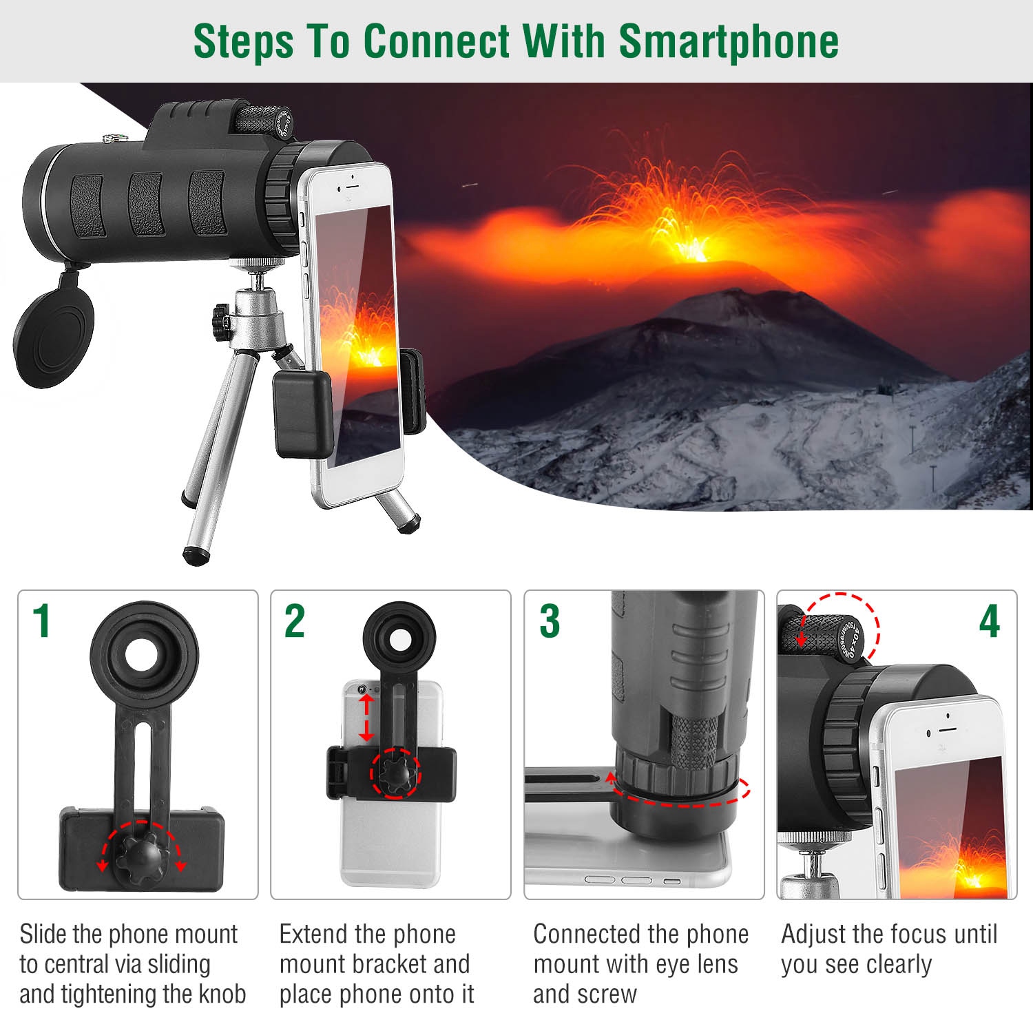 Astoutdoor 40x40 Monocular Telescope with Phone Adapter and Tripod, 40mm Objective Lens, Multi-Coated, Black