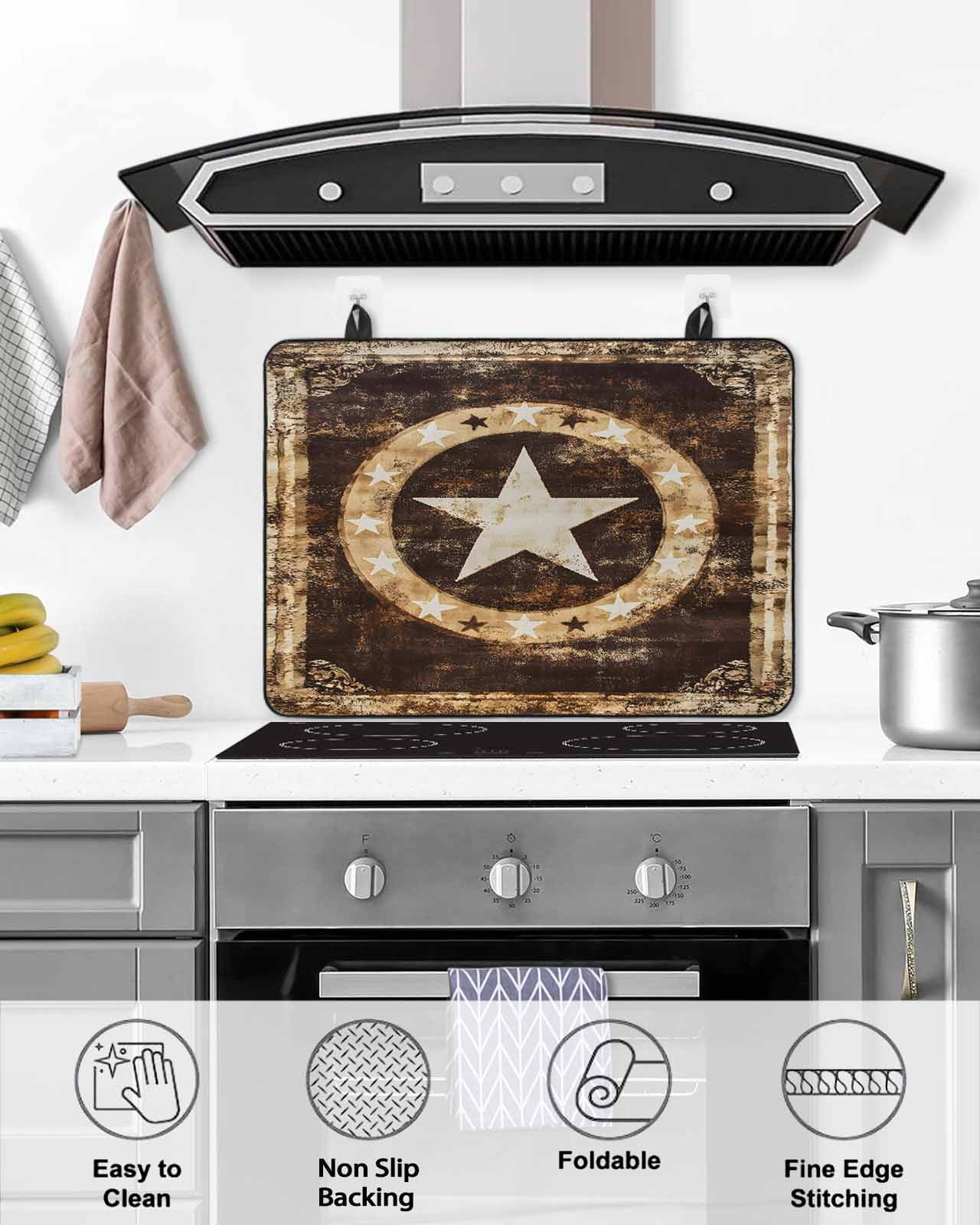 nqOlkjepod Large Induction Cooktop Protector Mat 24"x21", Brown Star Texas Stove Top Covers for Electric Stove, Vintage Western Country Wooden Stove Burner Cover Mats, Glass Top Stove Cover