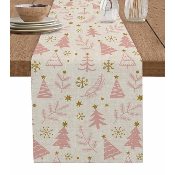 Christmas Tree Table Runner 72 Inches, Winter Xmas Pink Pine Snowflake on Linen Bed Runner Dresser Scarves Tabletop for Indoor Outdoor Parties/Ceremony/Banquet, 13" x 72"