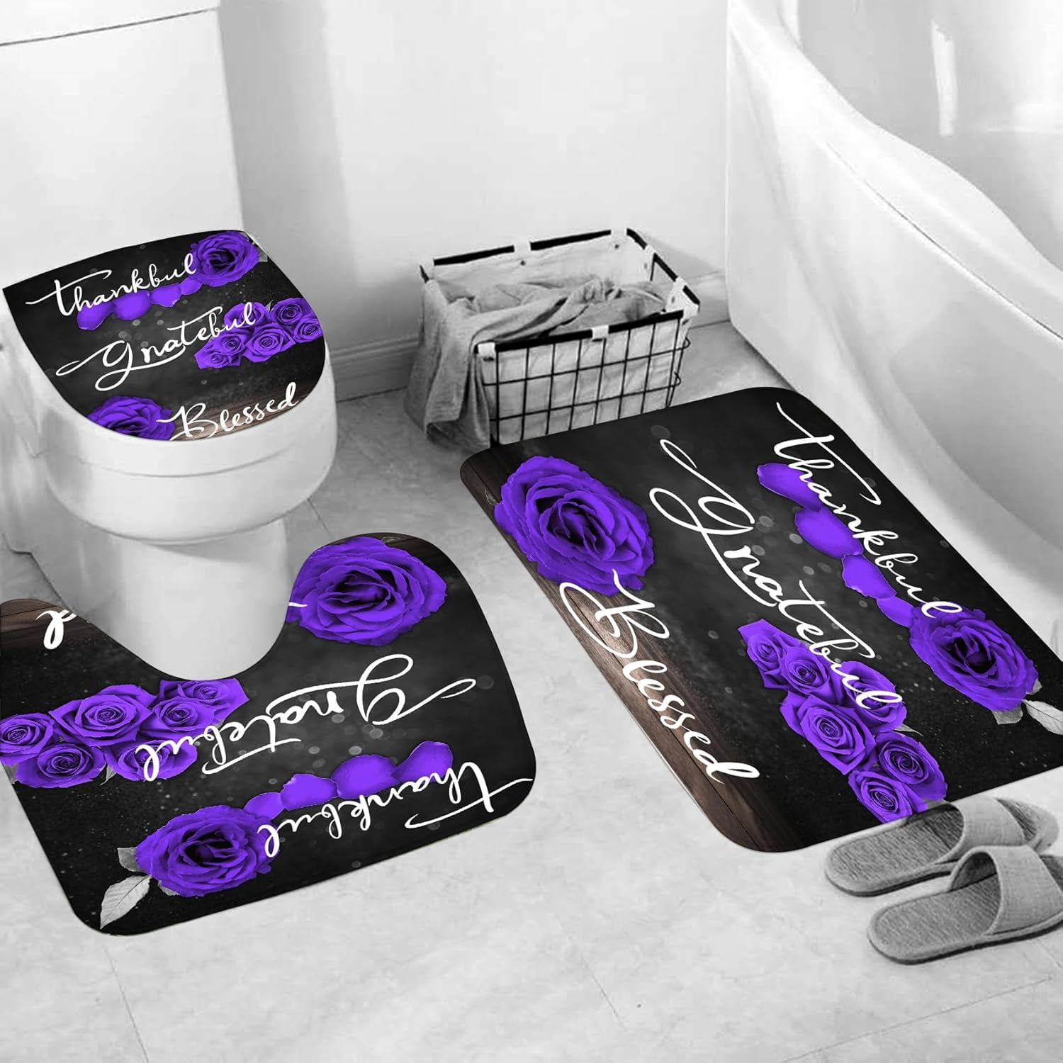 Purple Rose Shower Curtain Sets, Thankful Grateful Blessed Bathroom Curtain with Non-Slip Rug, Toilet Lid Cover, Bath Mat and 12 Hooks, Romantic Showy Floral Wedding Decor for Bath