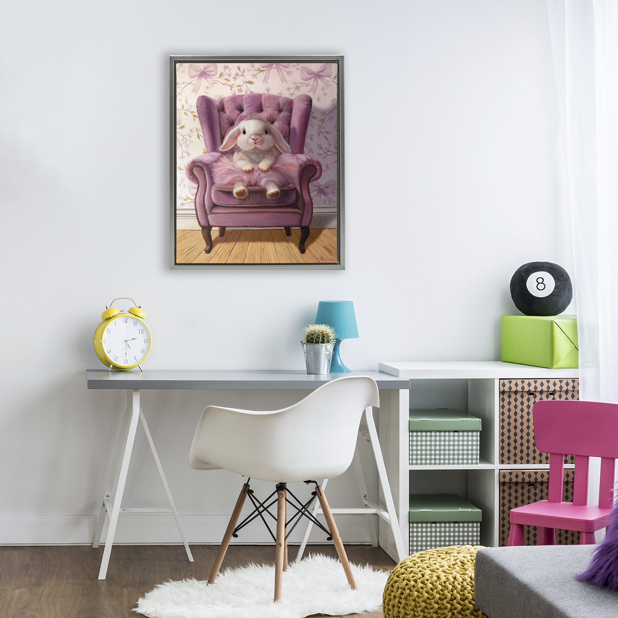 Pink Princess Tutu Bunny Gray Framed Floater Canvas Wall Art, design by Lucia Heffernan