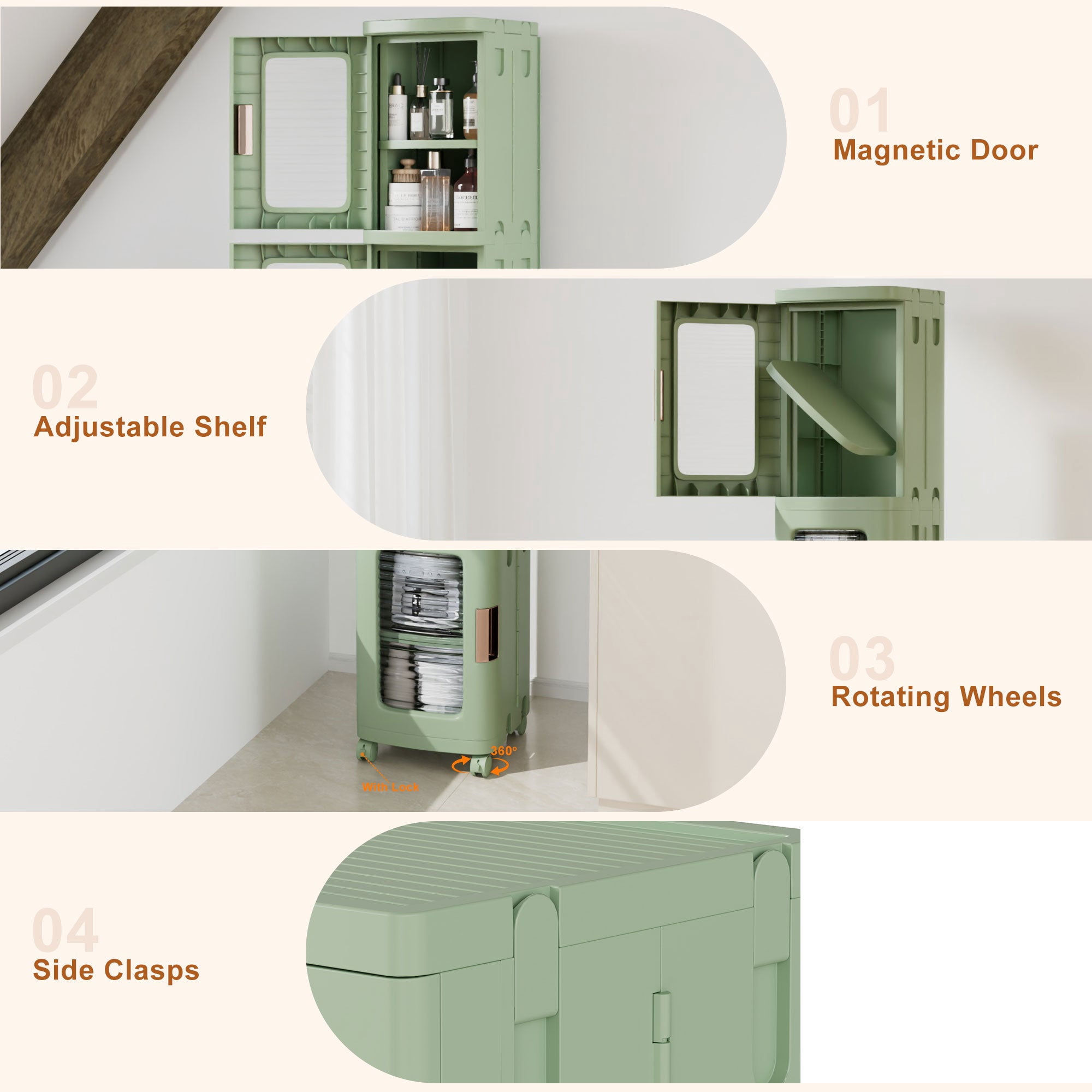 VECELO 65.4 in Folding Stackable Box Organizer with Wheels, Light Green, Set of 4 Count Pack