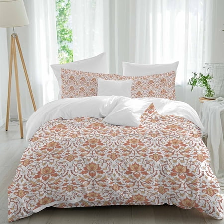 Ethnic Style Twin Size Comforter Set, Medieval Retro Orange Flower Texture Bedding for All Seasons, 4 Pcs Bed Set, 1 Quiltcover (68"x86") ,1Sheet(67"x116"), 2Pillowcases (30"x20")
