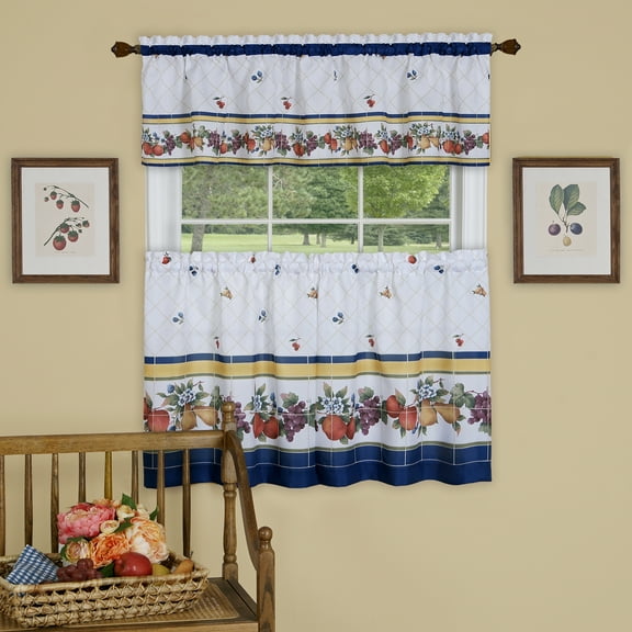 PowerSellerUSA 3-Piece Kitchen Curtains and Valance Set, Fruity Print with Diamond Pattern Window Curtains, Stunning Kitchen, Living Room and Bathroom Decor, Cafe Curtains, 58" W x 36" L