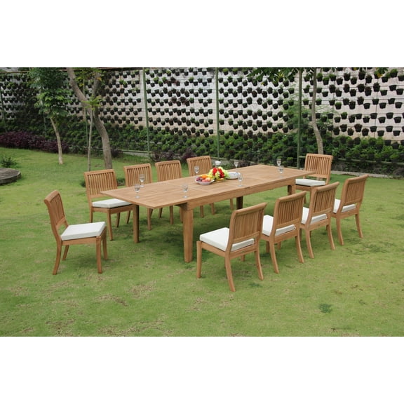 Teak Dining Set: 10 Seater 11 Pc: Large Caranasas 122" Double Extensions Premium Rectangle Dining Table & 10 Armless Arbor Stacking Chairs Outdoor Patio Grade-A Teak Wood WholesaleTeak #WMDSAB47