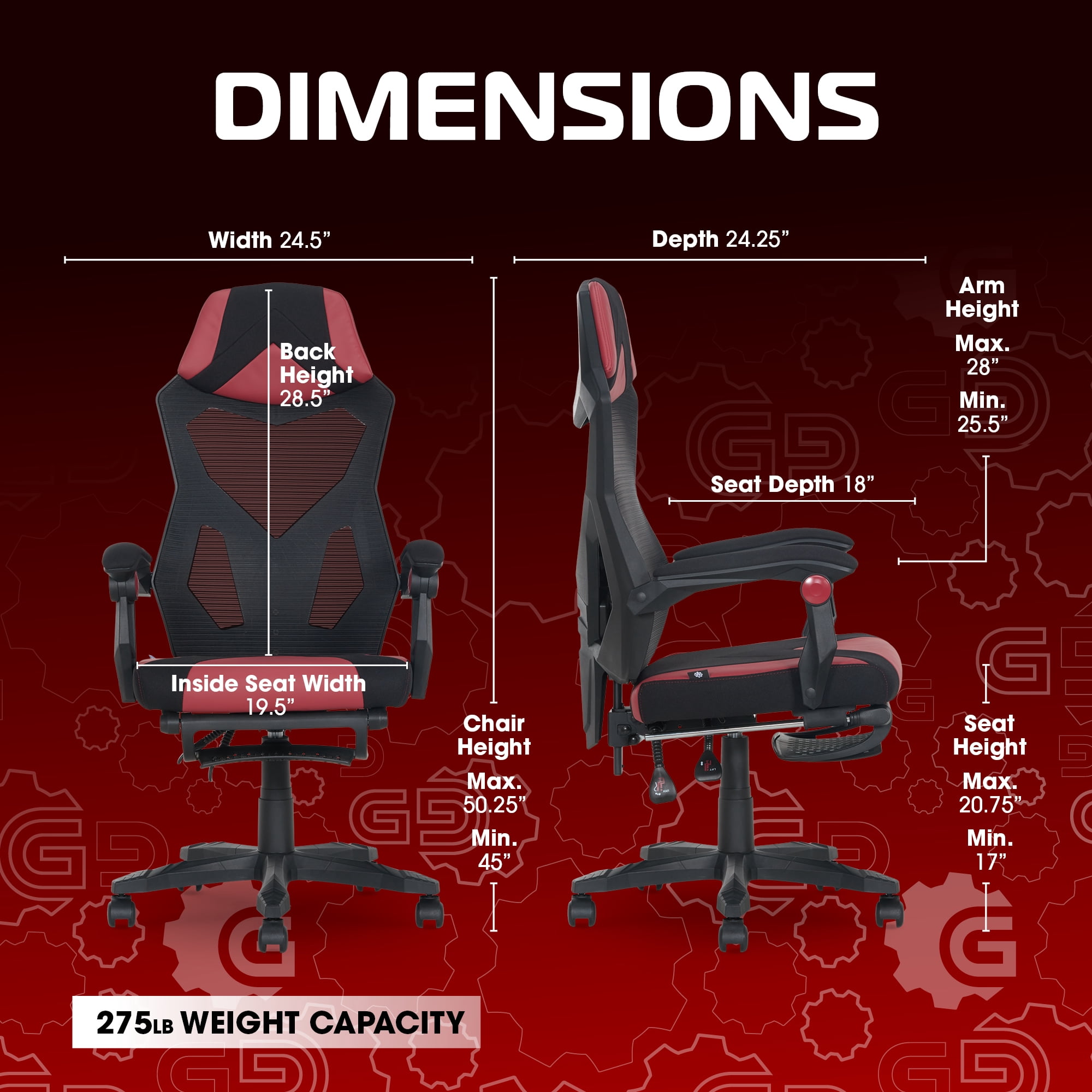 Gamer Gear Gaming Office Chair with Extendable Leg Rest, Red/Black Fabric Upholstery