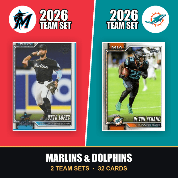 Collectible 2026 Topps Miami Marlins & Dolphins Team Set Combo - Baseball + Football 2-Sport Bundle - Otto Lopez & De'Von Achane