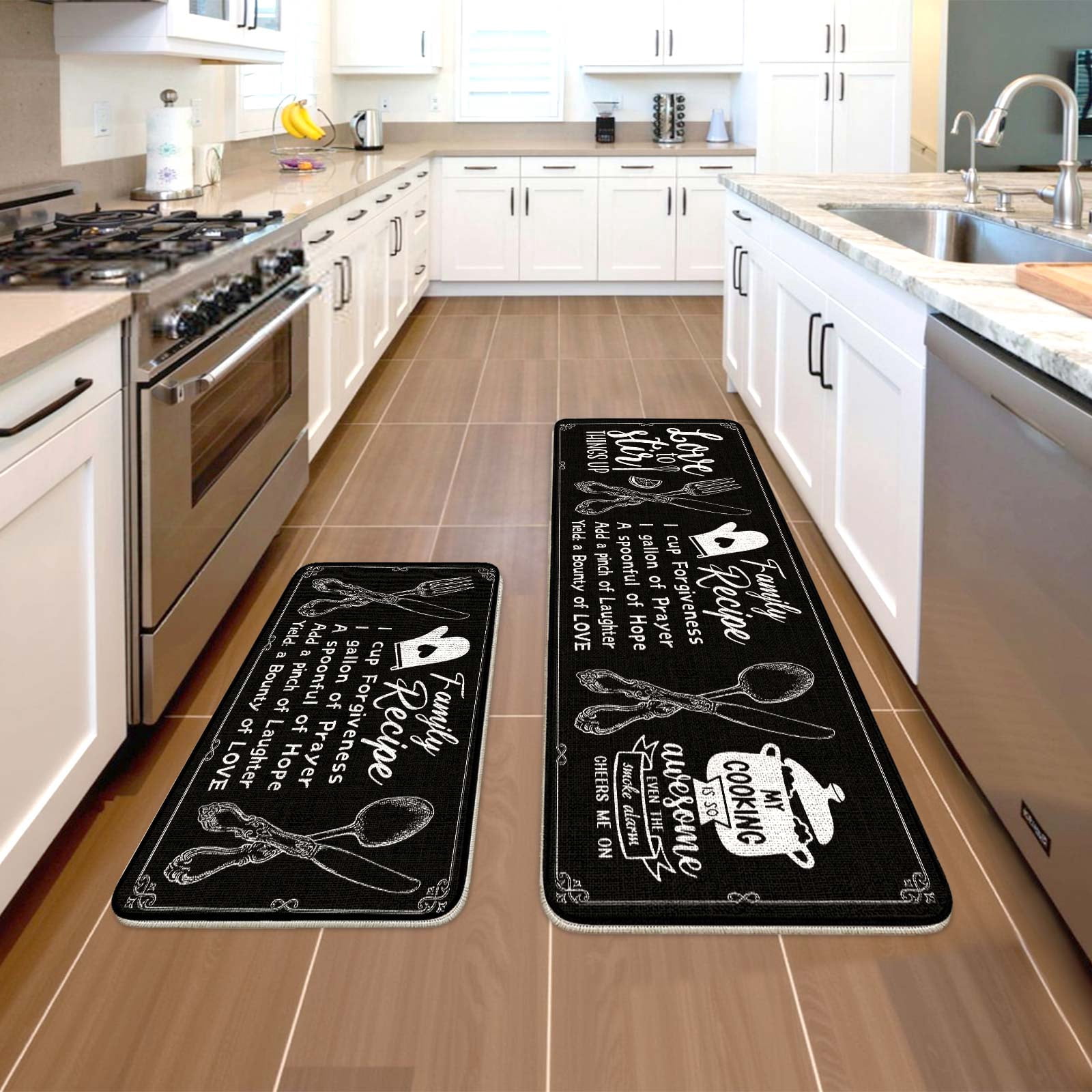 Black Farmhouse Chef Kitchen Rugs and Mats Set of 2, 17"x47"+17"x30" Non-Slip Machine Washable Runner Rugs for Kitchen Floor, Soft Kitchen Mat Set for Home,Laundry Room,Chef Pattern