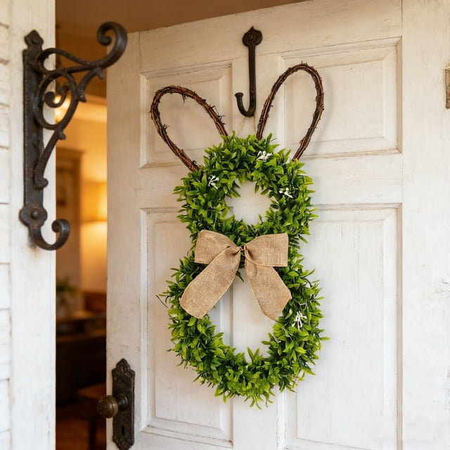 Dvkptbk Easter Bunny Wreaths for Front Door, 19.6 Inch Artificial Spring Flowers Wreath with Rabbit Ears and Bow for Wall Window Fireplace Summer Farmhouse Holiday Home Decor