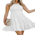 thumbnail image 1 of Robe d'Été Sans Manches Mini Robe Col Halter Ourlet Smocké Volanté Ligne A Fluide Plissée Courte Bleue S, 1 of 7