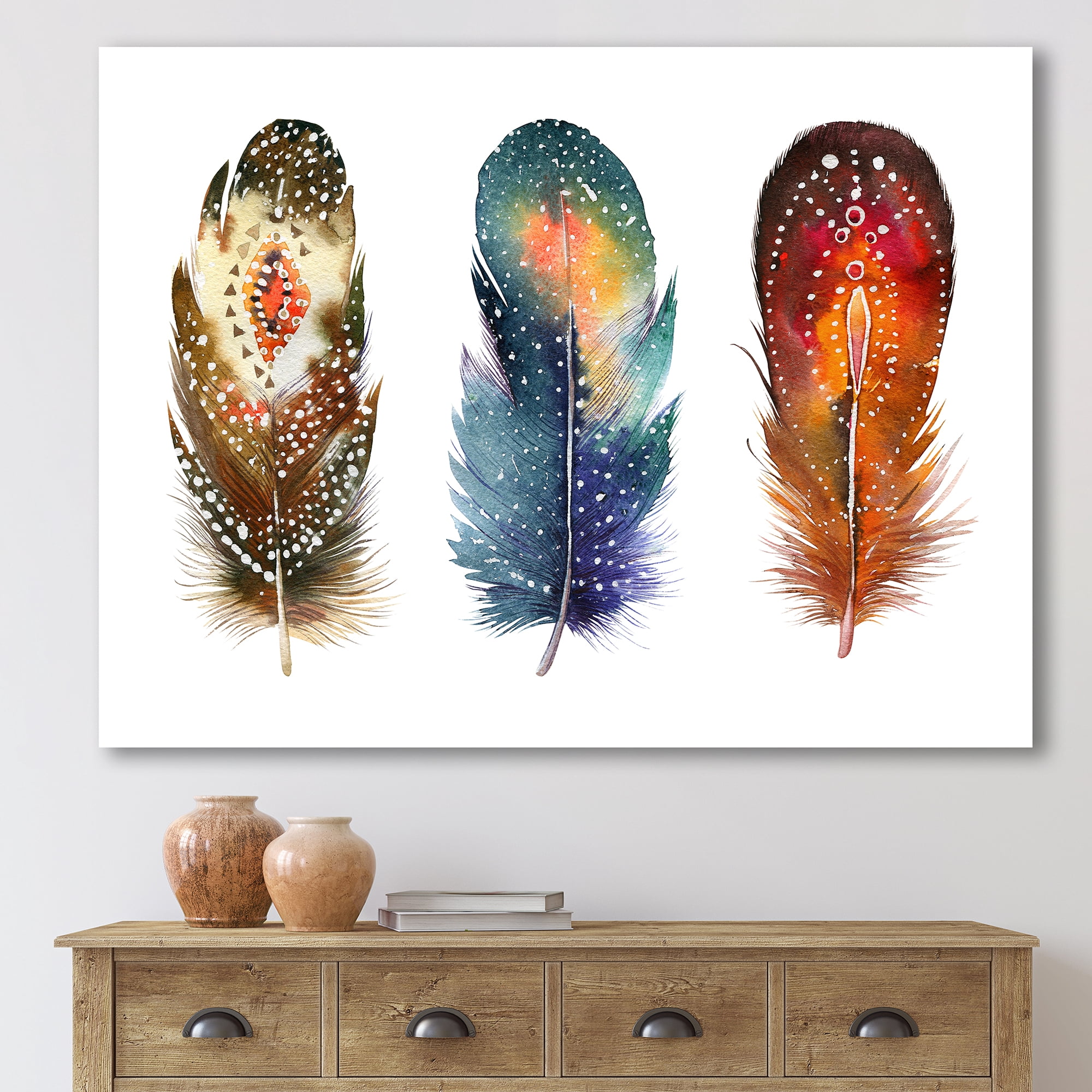 Designart ' Colourful Boho Art Feather Set IX ' Bohemian & Eclectic Canvas Wall Art Print