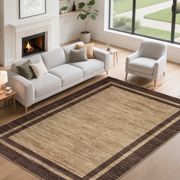 Nanan Modern Bordered Area Rug 5'x7' Solid Rugs with Non Slip Backing, Washable Rugs Stain Resistant Indoor Floor Mats for Living Room Bedroom Home Decor, Brown
