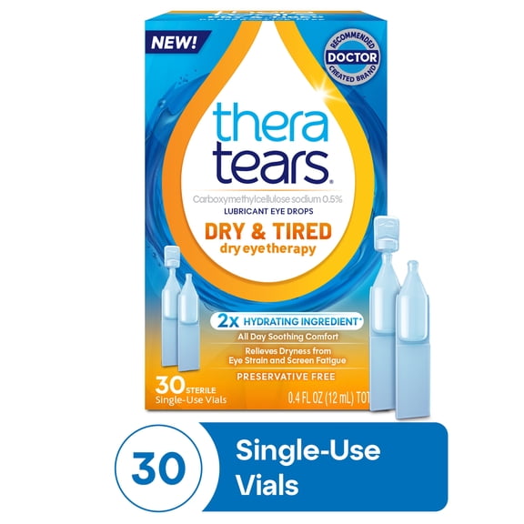 TheraTears Dry & Tired Preservative-Free Eye Drops for Dry Eye Relief, 30 Single-Use Vials