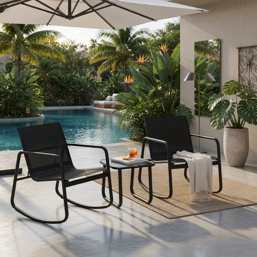 Hommoo 2-Piece Rocking Bistro Set with Tempered Glass Table, Outdoor Patio, Balcony & Backyard Seating for Adults, Black