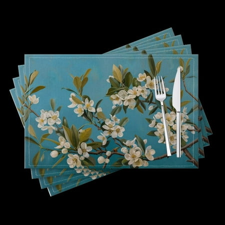 

BaHomeck placemats Set of 4 White Crabapple Flowers With Leaves On Turquoise Background Cotton Linen rectangle Placemats for Kitchen Dining Table Indoor Outdoor 18*12inch