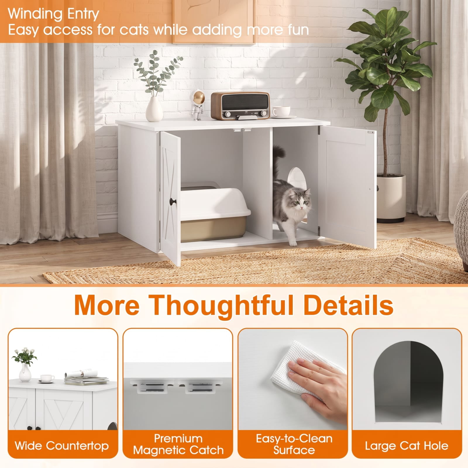 Vebreda Hidden Cat Litter Box Enclosure with Divider and Double Doors, Cat Litter Box Furniture with Storage Top, 31.5 Inch, White