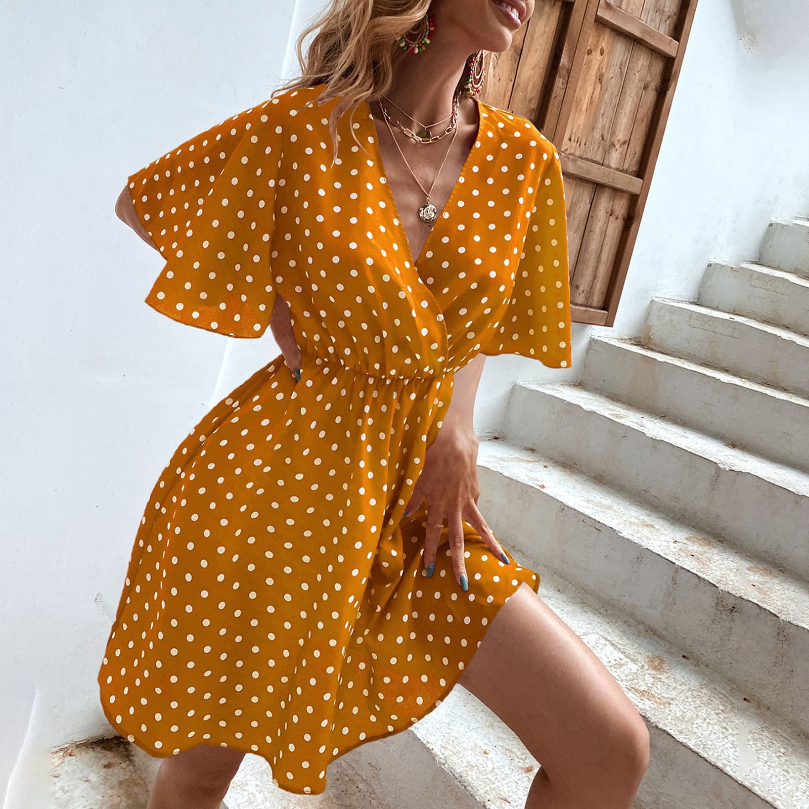 UYISJ Womens Mini Flowy Dress Polka Dots Wrap V Neck Ruffle Short Sleeve Empire Waist Casual Swing Cute Elegant Summer Dress Yellow M - Walmart.com UYISJ Womens Mini Flowy Dress Polka Dots Wrap V Neck Ruffle Short Sleeve Empire Waist Casual Swing Cute Elegant Summer Dress Yellow M - Walmart.com