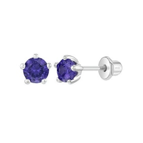 925 Sterling Silver Classic 4mm Simulated Amethyst Prong Set Girls Screw Backs