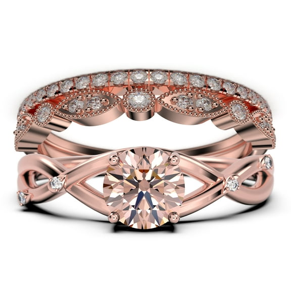 Spectacular And Decorative Rings Boho & hippie 2.10 Carat Round Cut Morganite And Diamond Moissanite Engagement Ring, Wedding Ring, Two Matching Band in 10k Solid Rose Gold, Promise Ring, Lovely Gift