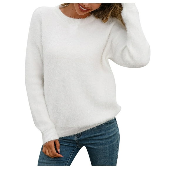 Fgnfyis Women Pullover Solid Color Long Sleeve Large Round Neck Sweater for Casual Wear White L