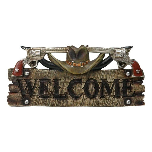 Rustic Western Cowboy Hat With Dual Pistols Welcome Sign Wall Decor Plank