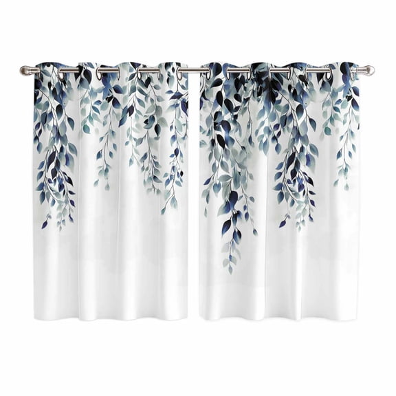 Blue Teal Eucalyptus Kitchen Curtains Window Panels, Weeping Botanical Leaf Watercolor Insulated Window Treatment Curtain, Grommet Curtains for Bedroom/Living Room/Bathroom, 2 Piece 52"Wx72"L