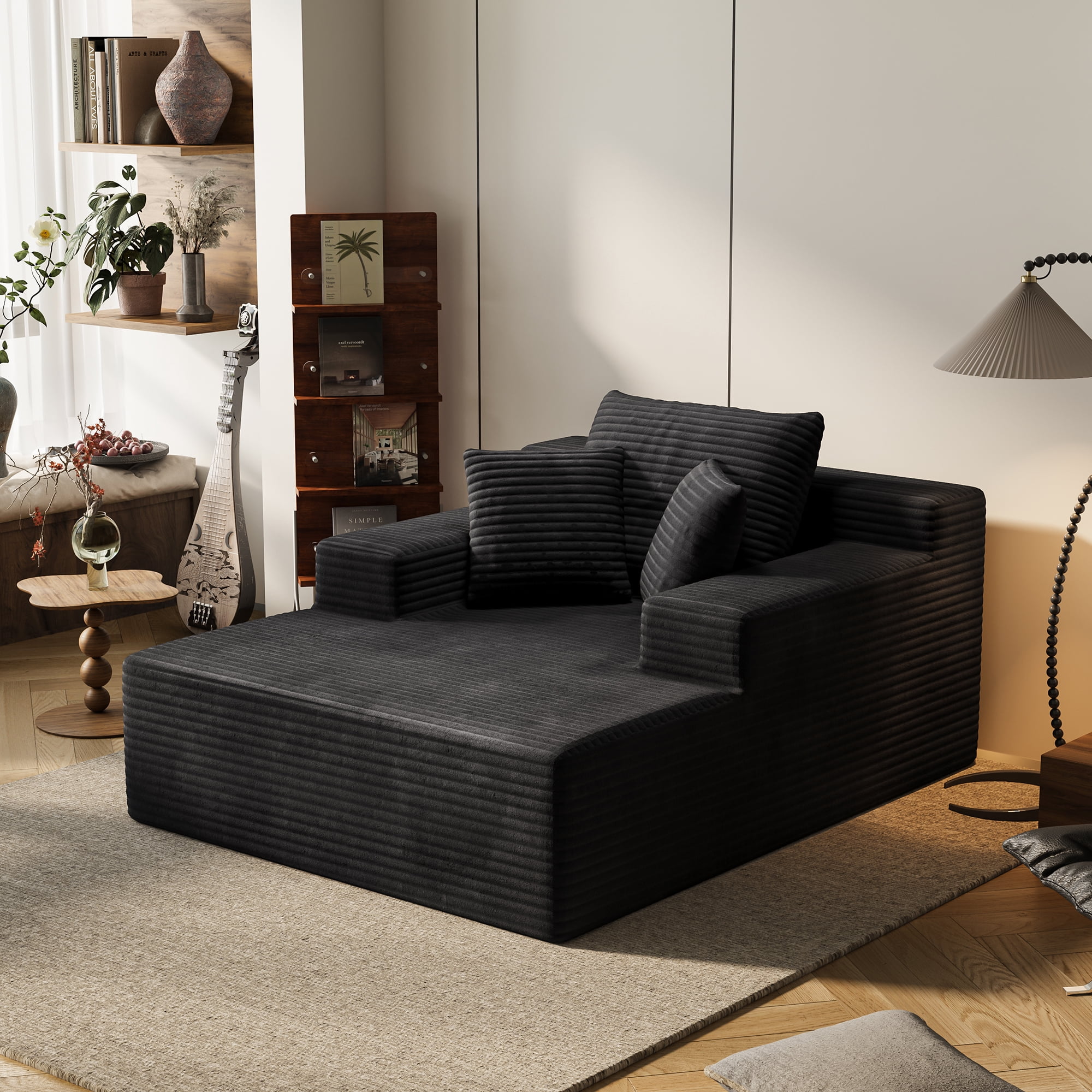 Recliner Sofa Bed, Extra Large Lounger, Deep-Seat Corduroy Sleeper, 600 Lbs Capacity, 64.96-Inch Width, 30.31-Inch Seat Depth, Upholstered Foldable Design for Living Room Bedroom, Black