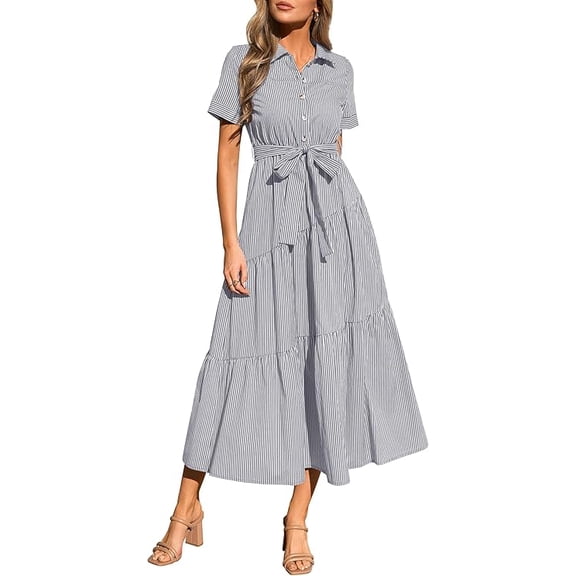 PRETTYGARDEN Women's Summer Maxi Button Up Shirt Dress Short Sleeve Striped A Line Long Flowy Elegant Spring Dresses