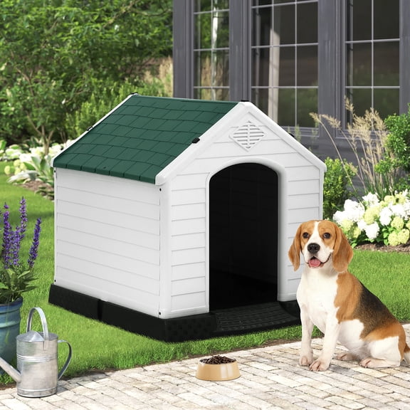 Dkelincs 32 inch Large Dog House Plastic Indoor Outdoor Waterproof Doghouse Puppy Shelter with Air Vents and Elevated Floor, Green